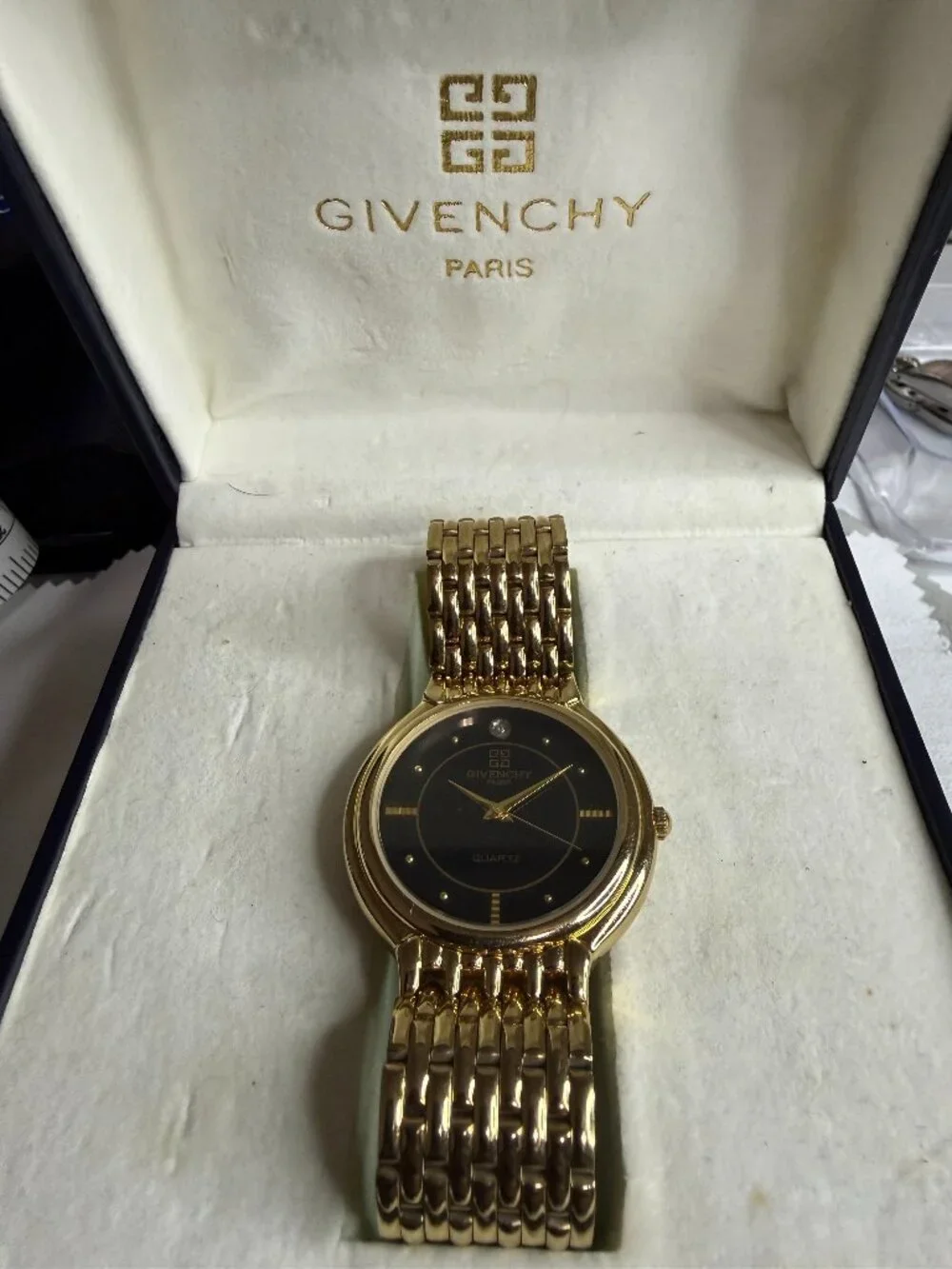 Vintage Givenchy Paris D.A.L. 90 Watch - 36mm Black Dial Genuine Diamond Accent